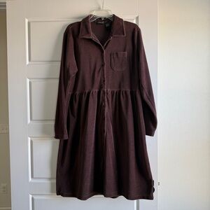 Liz Claiborne Chocolate Brown Button Front Long Sleeve Corduroy Midi Dress